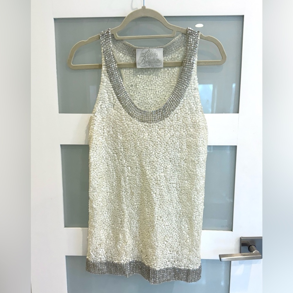 Robin Piccione Hand Beaded Sequin Tank Top Ivory Silver Vintage